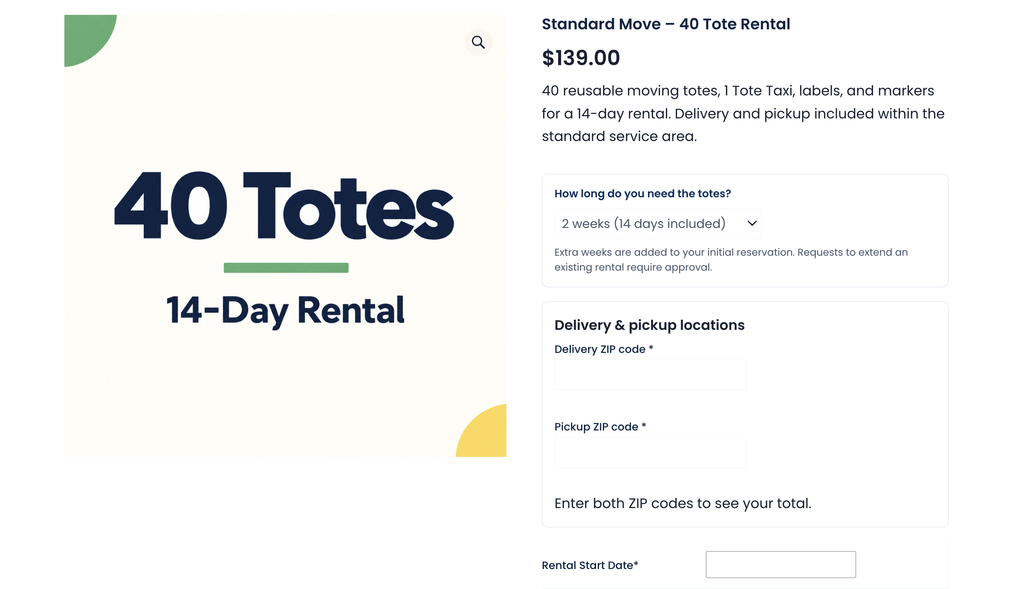 Custom WooCommerce rental product page with date selection and ZIP code pricing