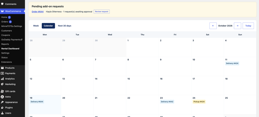 Custom WordPress rental management calendar showing scheduled tote rentals