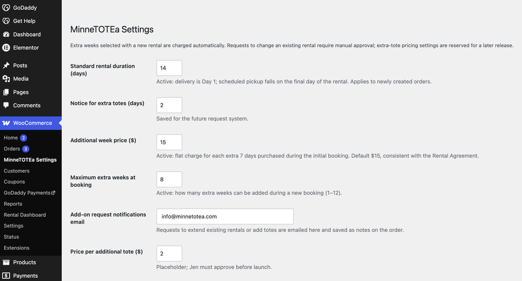 MinneTOTEa custom WordPress plugin settings page with configurable rental options.