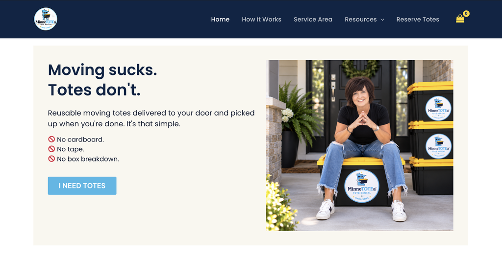 MinneTOTEa WordPress website homepage showing reusable moving tote rentals